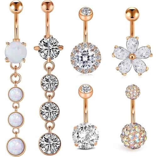 Belly Button Rings 14G with 6 Style CZ Flower Synthesis Opal Marble Curved Barbell Dangle Belly Piercing Set for Women Girls