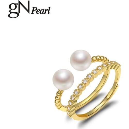 GN Pearl Ring 5-6mm Real White Natural Sea Pearl Ring Adjustable Ring for Women Girls Gift A pair Ring