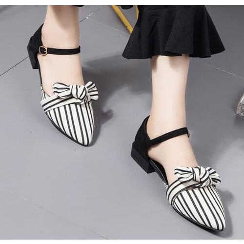 Summer Women Sandals Pointed Toe Ankle Strap Sandals Striped Flat Sandals Woman Flats Bow Ladies Shoes zapatos mujer 6592