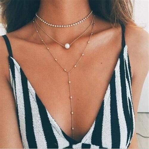 Fashion Boho Crystal Star Simulated Pearl Jewelry MultiLayer Beads Choker Necklaces for Women Pendant Bijoux Jewelry Necklace