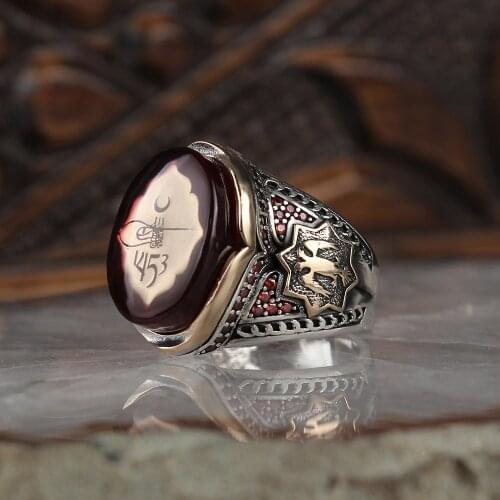 Amber Stone Monogram Sterling Silver Men 'S Ring