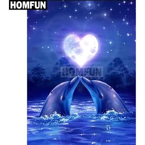 HOMFUN Full Square/Round Drill 5D DIY Diamond Painting "Dolphin couple" Embroidery Cross Stitch 5D Home Decor Gift A02202