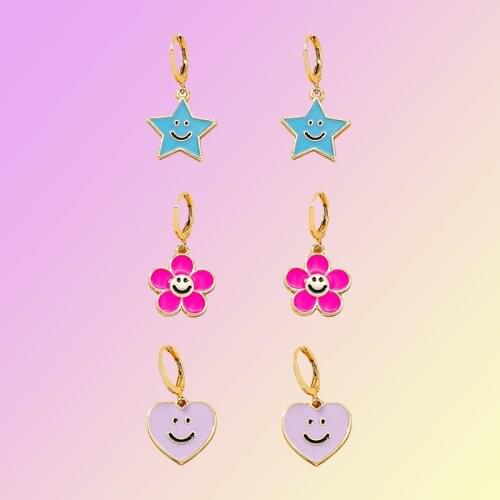 New Ins Creative Oil Drop Pink Flower Earrings Trendy Simple Blue Star Heart Dangle Earrings For Women Girls Fashion Jewelry