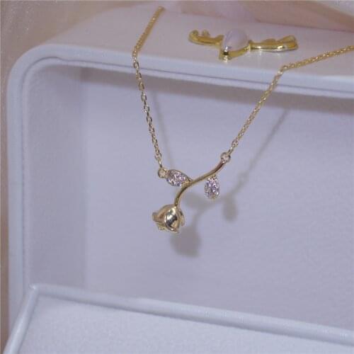 YIZIZAI Luxury 14K Real Gold AAA Zircon Rose Flower Necklace for Women Luxury Simple Dazzling Micro Inlaid Zircon Necklaces
