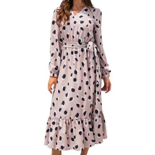 Dot Print Ruffle Large Hem Midi Dress Elegant V Neck Puff Long Sleeve Autumn Dress Sundress Casual Womens Clothing Black xl