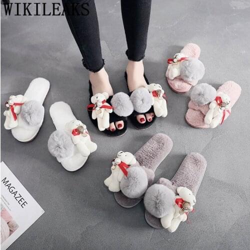 Bedroom plush slippers home shoes cute slippers ladies shoes for women winter flat plush slippers furry fur shoes обувь женская
