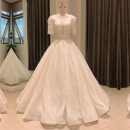 SL-8226 simple ball gown wedding dress 2021 half sleeve elegant beads deep v neck bridal wedding gowns for bride dresses