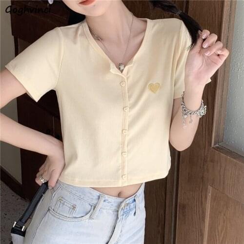 Summer Heart Embroidery T-shirts Women Single Breasted Short Sleeve Tees Sweet Lovely Girls Cropped Tops Slim Preppy Tshirts Ins