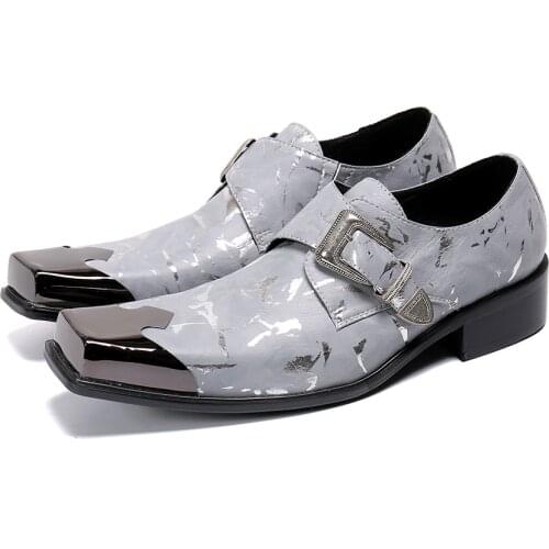 Italian genuine leather Oxford shoes for men gents suit slip on mens shoes Square Iron Luxury Sliver dress scarpe uomo eleganti