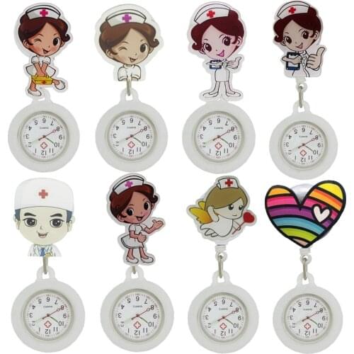 Nurse doctor cartoon white angel love heart Retractable badge reel pocket watches gift for hospital medical brooch clip clock