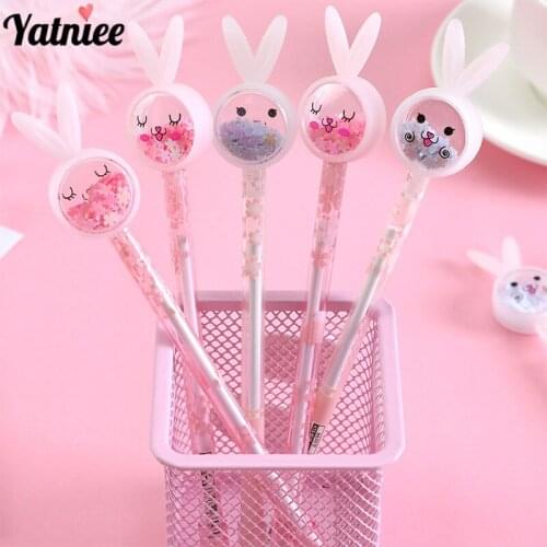 Yatniee 4pcs/pack Kawaii Cute Rabbit Ear Sequined Gel Pen Stationery Office Pen School Writing Supplies Refill Black Ink