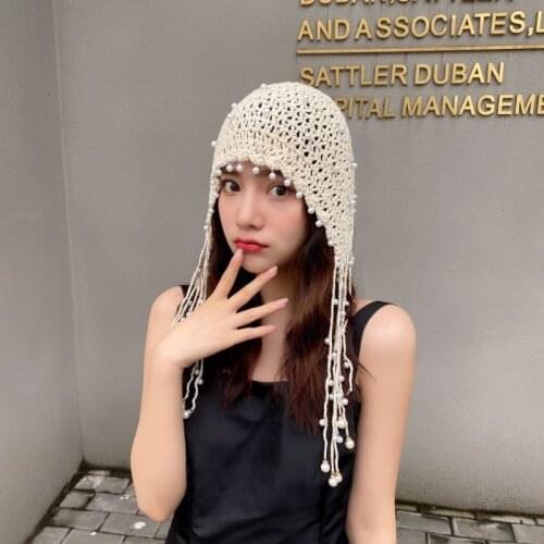 High Quality Women Hat All Seasons Knitted Beanie Hat Lady Crochet Pearl Skullies Beanies Vintage Female Tassels Beanies