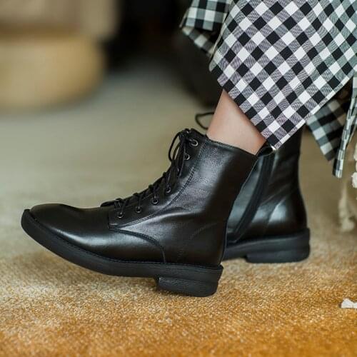 Genuine cowhide Martin boots womens thick-soled flat heel 2020 fall British style round ankle boots women