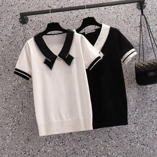 L-4XL Large size womens v-neck sweater pullover 2021 loose casual short sleeve v neck bow Patchwork Oversized sweaters t-shirt