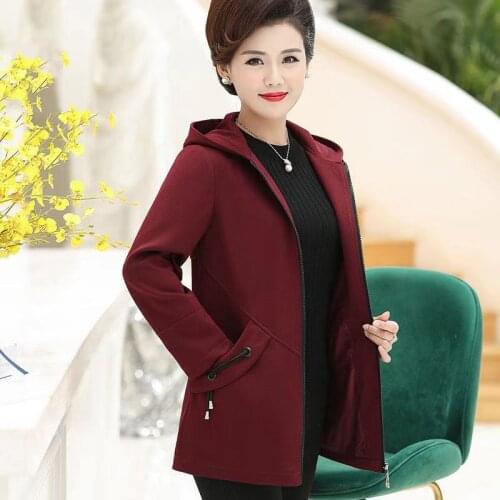 Womens Spring Autumn Coat New Middle-aged Elderly Windbreaker Middle-Aged Loose Hooded Trench Coat Light Purple/Red/Grey Top