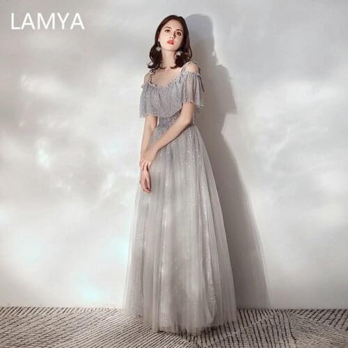 LAMYA Simple Boat Neck Long Evening Party Dress Princess Lace Up Formal Dress Sexy Backless Robe De Soiree Evening Prom Gowns