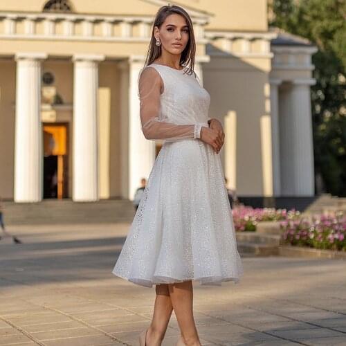 Shining Summer Bridal Dress Scoop A Line Long Sleeves Midi Length Sequin Wedding Gown 2021 Custom Made