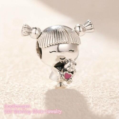 Mothers Day 100% 925 Sterling Silver Girl with Pigtails Charm Pink Enamel beads Fits Original Pandora bracelets Jewelry