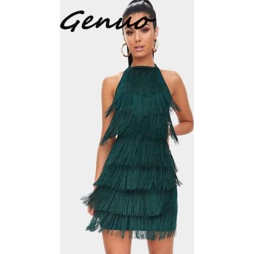 Genuo Women Tassels Halter Strap Backless Sexy Bodycon Party Dress Summer Runway Dresses Glam Party Dress Fringe Flapper Dress