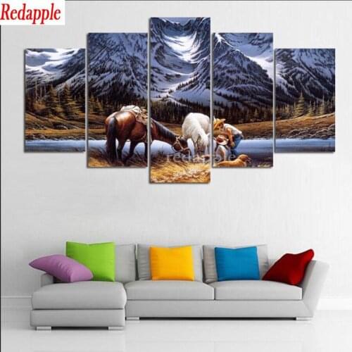 Snow mountain,horse, cowboy couple 5D DIY Diamond Painting Full Round Drill scenery Diamond Embroidery Cross Stitch 5 pcs decor