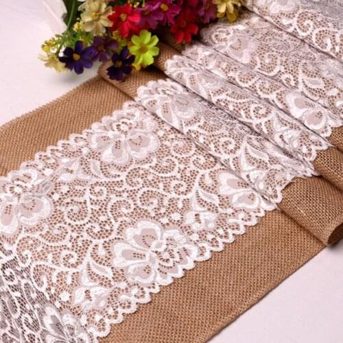 Burlap Lace Table Runner Natural Flower Burlap Table Cover Cloth Dinner Room Wedding Party Table Ornamentation