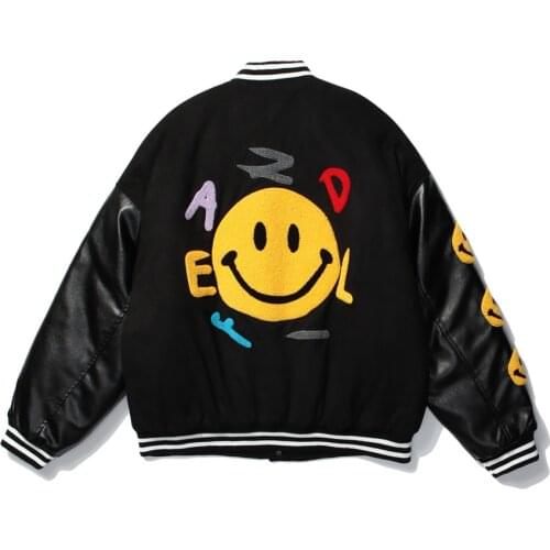 SEVEYFAN Smile Embroidered Stitched Bomber Jacket Korean Clothes Mens Clothing Baseball Streetwear Men Coat