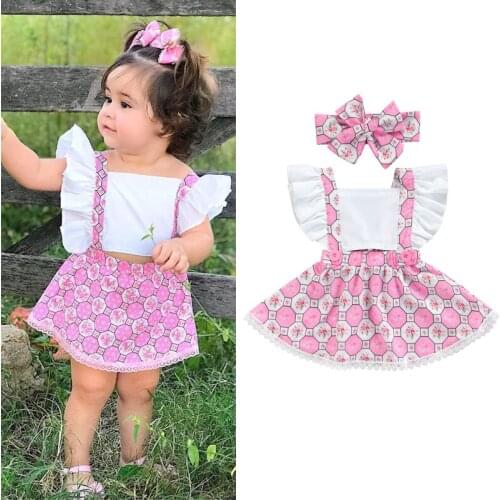 FOCUSNORM 0-18M Summer Baby Girls Sweet Dress Headband 2pcs Ruffles Sleeve Lace Flowers Printed A-Line Dress