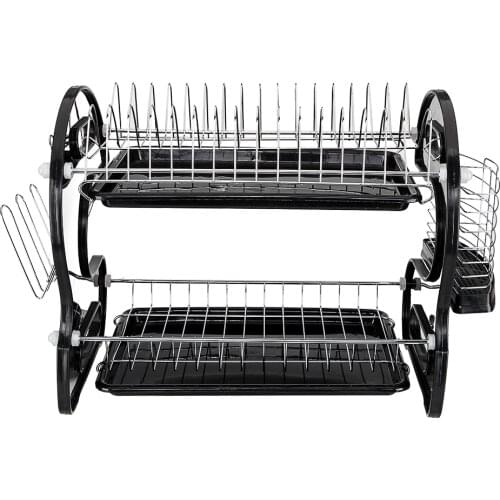Multifunctional Dual Layers Bowls & Dishes & Chopsticks & Spoons Collection Shelf Dish Drainer Black