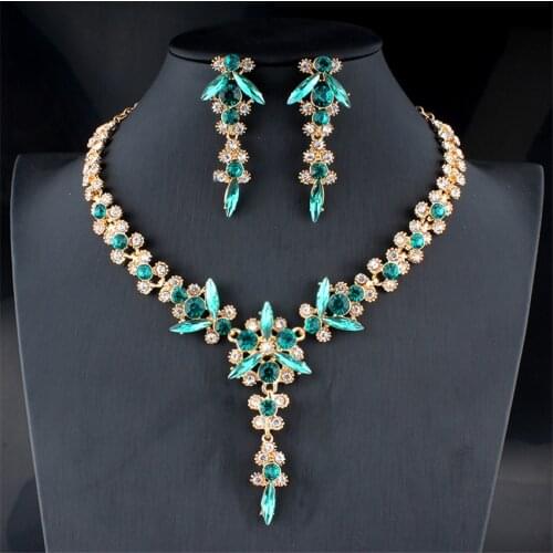 Fashion Colorful Flower Crystal Wedding Jewelry Set for Womens Rhinestone Pendant Earrings Bridal Dinner Dress Jewellery Set
