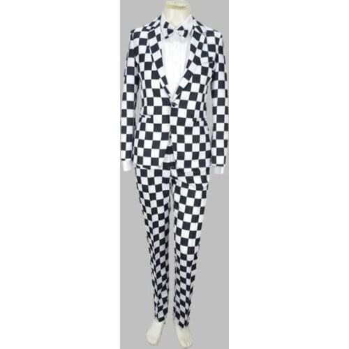 Jacket + pants new Black white plaid suit luxury personality suits male party blazers men wedding suit men fashion slim coat