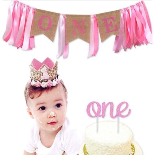 One Baby Girl Boy 1st Birthday Banner Hat Cake Topper For Wild One Jungle Safari Theme Party Decorations Blue Pink Gold