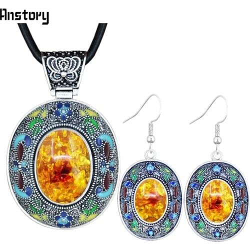 Oval Simulated Ambers Jewelry Sets Vintage Look Necklace Earrings Hand Painting Craft Flower Plant Bohemia Fashion Jewelry TS451