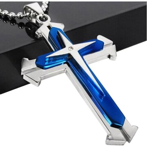 Punk Necklace Three Layers Open Mens Cross Necklace Jesus Black Blue Pendant
