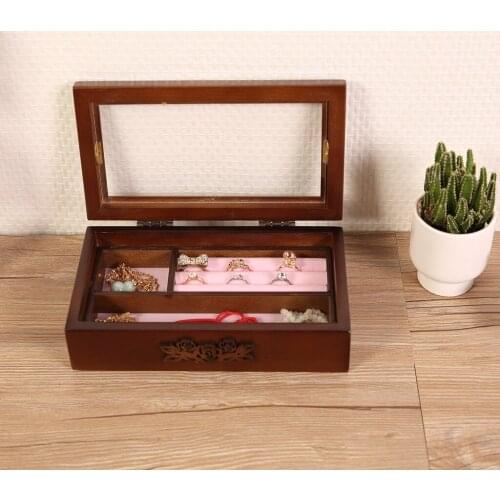 Clear Top Wooden Jewelry Box Case Watch Earring Ring Storage Organizer