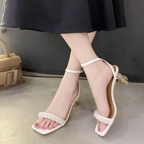One-line buckle sandals womens 2021 summer new style Korean womens pearl shaped heel open toe high heel sandals
