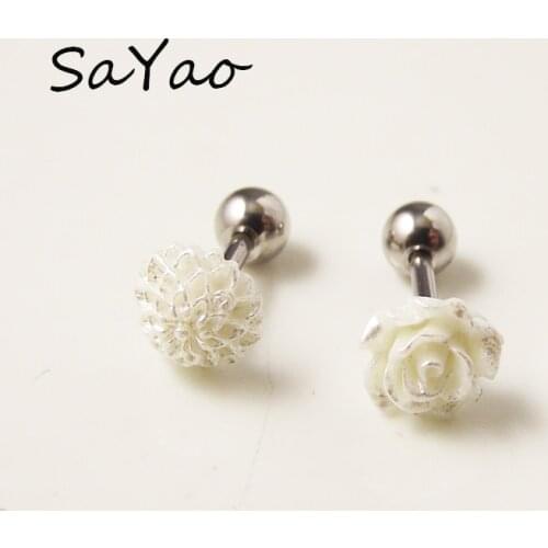 1 piece 16G 6mm Fashion Earring Nail Ear Bone Barbell White Flower Helix Ear Stud Love FlowersTragus Ear Piercing Body Jewelry