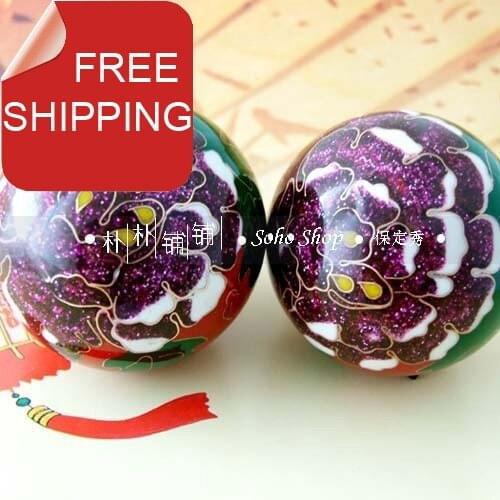 Cloisonne 50mm baoding ball w/red peony in multi colors.Fadeless musical stress health relief balls.Red paper box.Free shipping