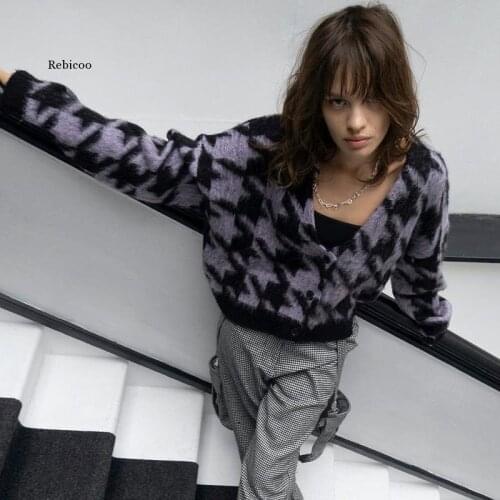 Harajuku Houndstooth Graphic Deep V-Neck Y2K Sweaters Vintage Egirl Punk Style Long Sleeve Buttons Knitted Cardigan Fall