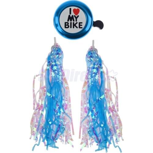 Bicycle Bike Trike Kids Girls Handlebar Sparkle Retro Streamers Tassels + Bicycle Ring Bell Alarm Horn Blue