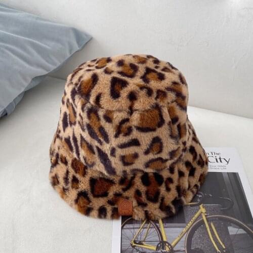 Women Autumn Winter Faux Rabbit Fur Leopard Bucket Hat Ladies Thick Warm Outdoor Travel Fisherman Hats Velvet Panama Girls Cap