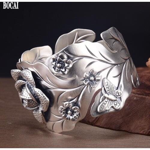 BOCAI New S999 pure silver rose flower wide face handmade retro exaggerated opening ethnic style woman bracelet