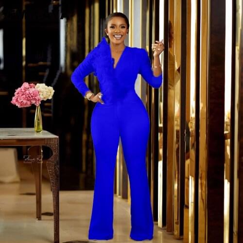 CM.YAYA Women Jumpsuit Solid Full Sleeve V-neck High Waist Sheath Elastic Long Flare Jumpsuits Office Lady Fashion Outfit Spring