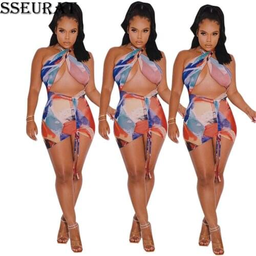 SSEURAT Sexy Print Halter Bodycon Dress Summer Club Outfit for Women Party Cut Out Mini Dresses