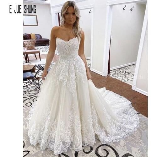 E JUE SHUNG Romantic Lace Sweetheart Wedding Dresses Sleeveless White Appliques Lace Up Back Bridal Gowns Vestios De Novia