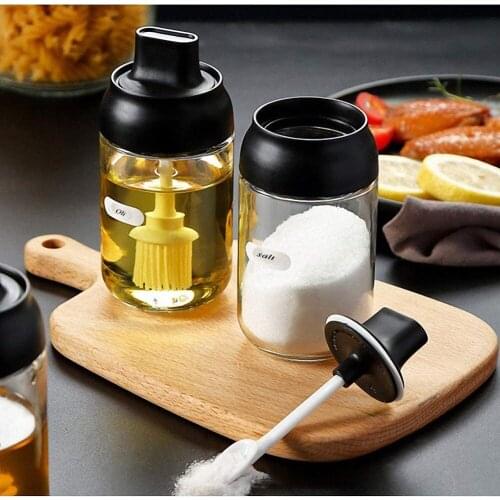 250ml Seasoning Bottles Glass Condiment Storage Containers Kitchen Condiment Pot Spice jar with Spoon Brush Oiler Honey Bottle