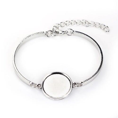 Zinc Based Alloy Bangles Bracelets Round Antique Silver Color Cabochon Settings (Fits 18mm Dia.) 17cm(6 6/8") long, 3 PCs