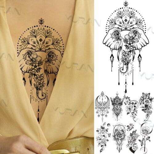 Black Henna Elephant Mandala Temporary Tattoos For Women Female Adult Fake Moon Butterfly Tattoo Sticker Owl Flower Chest Tatoos
