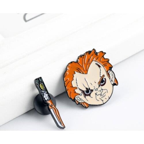 Movie Childs Play Chuckys-Face Enamel Brooches Pin Halloween Cosplay Costume Jewelry Chucky Metal Knife Brooch