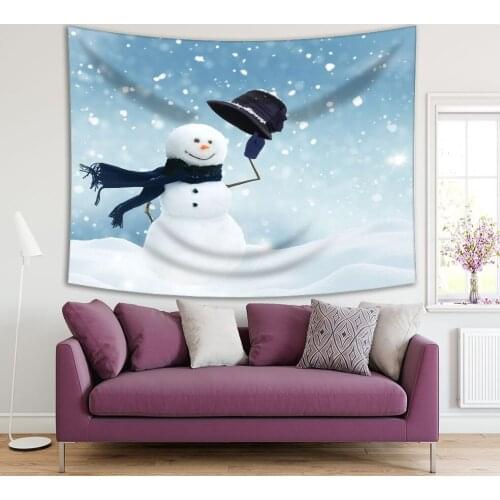 Tapestry Smiling Happy Snowman with Hat Snowing Winter Landscape Christmas New Year Holiday White Blue Art