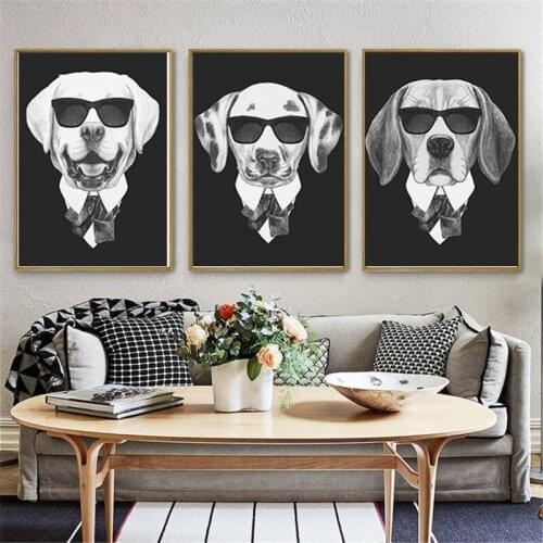 HAOCHU Dog Series Wear Sunglasses Painting Cool Animal Nordic Home Decor Wall Art Picture Poster Canvas Living Bedroom Corridor
